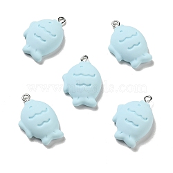 Opaque Resin Pendants, Fish Charm, Imitation Food, with Platinum Tone Iron Loops, Light Cyan, 27x19x8mm, Hole: 2x2.8mm(RESI-G043-D03-B)