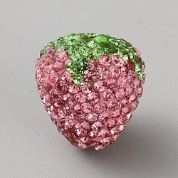 Handmade Polymer with Rhinestone Clay Beads, Strawberry, Pink, 17.5~18x16~16.5mm, Hole: 1.8~2mm(CLAY-TAC0017-02E)