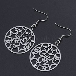 Tarnish Resistant 201 Stainless Steel Dangle Earrings, Ring with Star, Stainless Steel Color, 54mm, Pin: 0.6mm(STAS-S105-JN608-1)