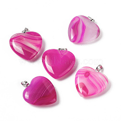 Natural Agate Pendants, with Platinum Tone Brass Findings, Heart Charm, Dyed & Heated, Deep Pink, 27~28x25x7mm, Hole: 7x4mm(G-G956-B64-FF)