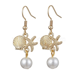 Starfish and Shell Shape Alloy Dangle Earrings, Glass Pearl Drop Earrings, Golden, 40x18mm(EJEW-JE05619)