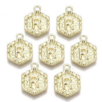 Alloy Pendants, Cadmium Free & Nickel Free & Lead Free, Hexagon with Letter, Real 18K Gold Plated, Letter.R, 17.5x13x2mm, Hole: 2mm