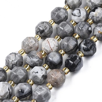 Natural Map Stone/Picasso Stone Beads Strands, with Seed Beads, Faceted Bicone Barrel Drum, 7x7mm,Hole:1mm