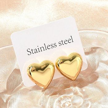 304 Stainless Steel Stud Earrings for Women, Heart, Golden, 24.5x25mm