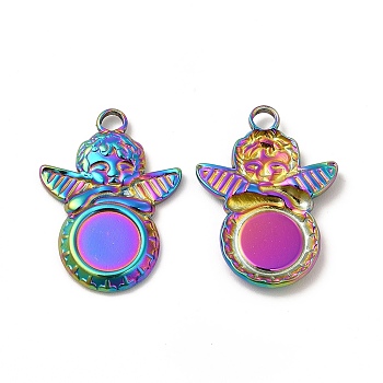 Ion Plating(IP) 304 Stainless Steel Pendant Cabochons Settings, Angel with Flat Round, Rainbow Color, Tray: 8mm, 25x18.5x2.5mm, Hole: 3mm