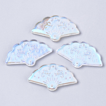 Transparent Spray Painted Glass Pendants, AB Color Plated, Fan, Clear AB, 20x34.5x3.5mm, Hole: 1.2mm
