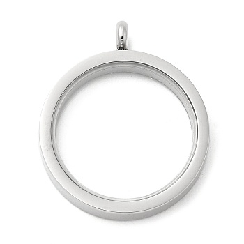 Glass Interface, 304 Stainless Steel Locket Pendants, Ring, Platinum, 35x29.5x6mm, Hole: 4mm