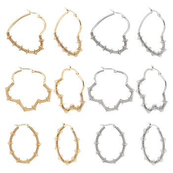 Unicraftale 6 Pairs 6 Style Heart & Flower & Oval 304 Stainless Steel Wire Wrapped Hoop Earrings, Hypoallergenic Earrings, Golden & Stainless Steel Color, 42.5~44x34~45x6.5mm, Pin: 1mm, 1 pair/style