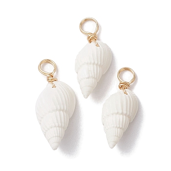 Natural Trumpet Shell Pendants, Shell Shape Charms with Copper Wire Loops, Light Gold, 25~30.5x9.5~12x7.5~9.5mm, Hole: 3.5mm