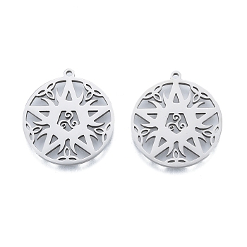 201 Stainless Steel Pendant,  Hollow Charms, Flat Round with Star, Stainless Steel Color, 27x25x1.5mm, Hole: 1.5mm