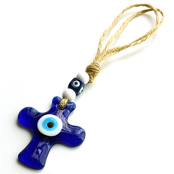 Evil Eye Cross Lampwork Pendant Decorations, with Jute Cord, Medium Blue, 67mm