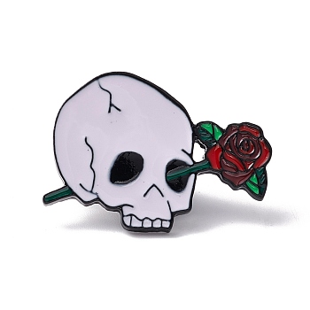 Skull with Rose Enamel Pin, Outdoor Alloy Brooch for Halloween, Electrophoresis Black, Colorful, 24x33.5x1.5mm