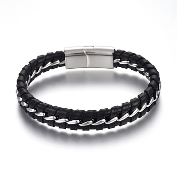 Leather Cord Bracelets, with 304 Stainless Steel Magnetic Clasps, Black, Stainless Steel Color, 9 inch(22.8cm), 11.5mm