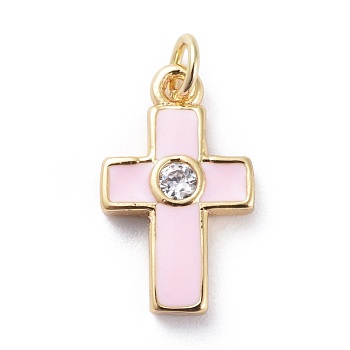 Cubic Zirconia Tiny Cross Charms, with Brass Findings and Enamel, Golden, Pink, 15x9x2.5mm, Hole: 1.8mm