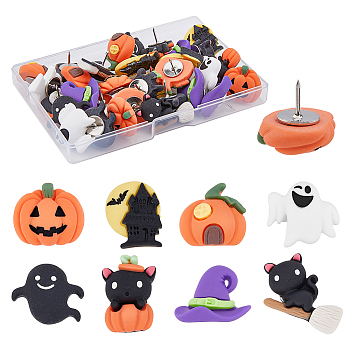 4 Sets Halloween Theme Drawing Pins, Resin Push Pins, Thumbtacks, Cat & Ghost & Pumpkin & Castle & Witch Hat, Mixed Color, 18~22.5x15.5~20mm, 8pcs/set