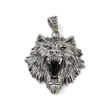 304 Stainless Steel Pendants, Lion, Antique Silver, 47x41x12mm, Hole: 10x7mm