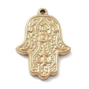 304 Stainless Steel Pendants, Hamsa Hand with Eye Charm, Ion Plating(IP), Real 18K Gold Plated, 23.5x17x2.5mm, Hole: 1.2mm