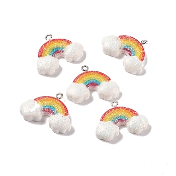 Opaque Resin Pendants, with Platinum Tone Iron Loops and Glitter Powder, Rainbow with Cloud, Colorful, 22x28x6mm, Hole: 2mm