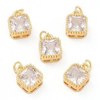 Real 18K Gold Plated Brass Inlaid Cubic Zirconia Charms, with Jump Ring, Long-Lasting Plated, Square, Clear, 9.5x7x4mm, Jump Ring: 4x0.5mm, 2.5mm Inner Diameter