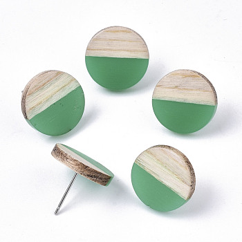 Transparent Resin & Wood Stud Earrings, with 304 Stainless Steel Pin, Flat Round, Medium Sea Green, 15mm, Pin: 0.7mm