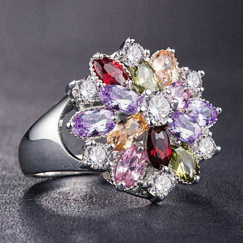 Cubic Zirconia Flower Finger Ring, Colorful, US Size 7(17.3mm)