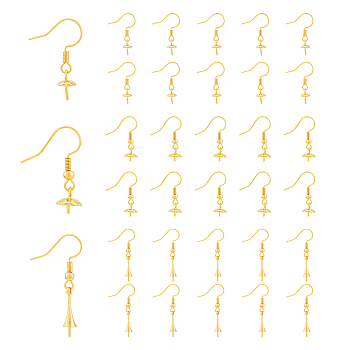 DICOSMETIC 30Pcs 3 Style Rack Plating Brass Earring Hooks, for Half Drilled Beads, Long-Lasting Plated, Lead Free & Cadmium Free, Golden, 21~33.5mm, Pin: 0.6~0.9mm, 10Pcs/style