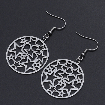 201 Stainless Steel Dangle Earrings, Ring with Star, Stainless Steel Color, 54mm, Pin: 0.6mm