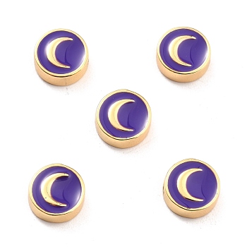 Brass Enamel Beads, Real 18K Gold Plated, Long-Lasting Plated, Cadmium Free & Lead Free, Flat Round with Moon Pattern, Indigo, 10x3.5mm, Hole: 1.6mm