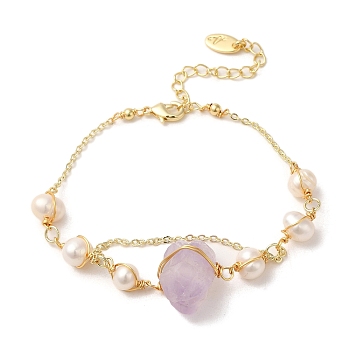 Natural Amethyst Nuggets & Pearl Link Bracelets, with Brass Chains, Real 14K Gold Plated, 6-3/4 inch(17.2cm)