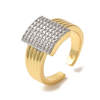 Rack Plating Brass Micro Pave Clear Cubic Zirconia Cuff Rings for Women, Long-Lasting Plated, Cadmium Free & Lead Free, Real 18K Gold Plated, Rectangle, 13.5x11mm