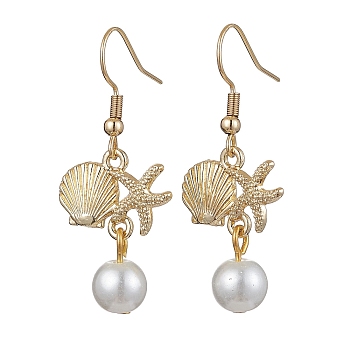Starfish and Shell Shape Alloy Dangle Earrings, Glass Pearl Drop Earrings, Golden, 40x18mm