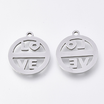 201 Stainless Steel Pendants, Laser Cut Pendants, Flat Round with LOVE, Stainless Steel Color, 17x15x1mm, Hole: 1.2mm