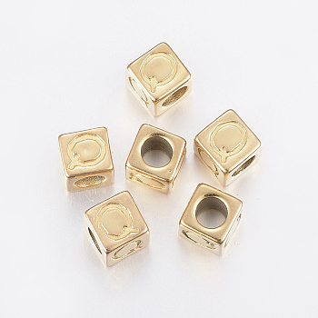 304 Stainless Steel Large Hole Letter European Beads, Horizontal Hole, Cube with Letter.Q, Golden, 8x8x8mm, Hole: 5mm
