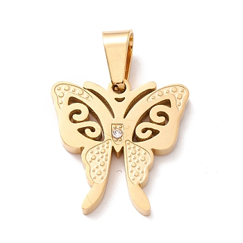 Vacuum Plating 304 Stainless Steel Pendant,
Rhinestone  Butterfly, Golden, 19x18x2mm, Hole: 7.5x4mm