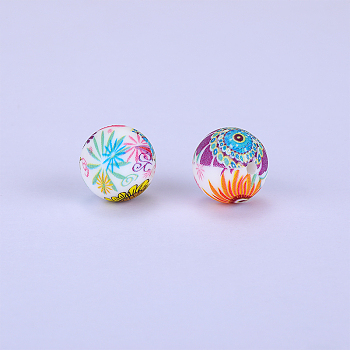 Printed Round with Flower Pattern Silicone Focal Beads, White, 15x15mm, Hole: 2mm