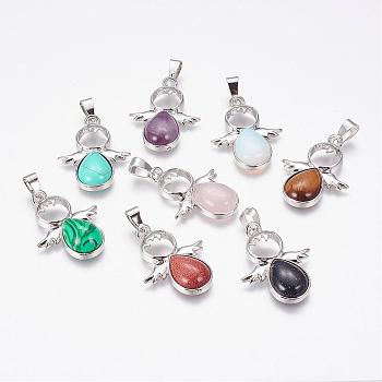 Natural & Synthetic Mixed Stone Pendants, Angel, with Brass Finding, Platinum, 34x25.5x4.5~6.5mm, Hole: 4~5x7mm