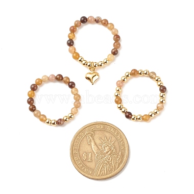 3 Uds. 3 anillos de dedo con cuentas de latón y piedras preciosas naturales de estilo con 304 colgantes de corazón de acero inoxidable para mujer(RJEW-JR00470)-6