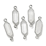 Natural Quartz Crystal Faceted Double Terminal Pointed Rock Crystal Hexagon Connector Charms, with Rack Plating Brass Findings, Platinum, 23~24x6.5x4~5mm, Hole: 1.6mm(G-G181-04P-01)
