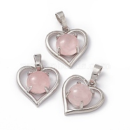 Natural Rose Quartz Pendants, Heart Charms, with Platinum Tone Brass Findings, Cadmium Free & Nickel Free & Lead Free, 21.5x19.5x7.5~8mm, Hole: 7.5x5mm(G-P484-04P-03)