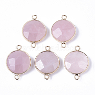 Natural Rose Quartz Links, with Light Gold Plated Edge Brass Loops, Flat Round, Faceted, Light Gold, 27.5x19x7mm, Hole: 2mm(G-R469-02)