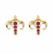 Brass Micro Pave Cubic Zirconia Pendants, Nickel Free, Real 18K Gold Plated, Aries, Medium Violet Red, 17.5x17.5x3mm, Hole: 3mm(KK-T004-107G-04)