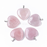 Natural Rose Quartz Pendants, with Stainless Steel Snap On Bails, Heart, Stainless Steel Color, 31x30x8mm, Hole: 5.5x2.5mm(G-S364-006)