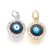Brass Micro Pave Cubic Zirconia Charms, with Enamel and Jump Ring, Evil Eye, Mixed Color, 11x9x3mm, Hole: 3mm(ZIRC-G150-13)