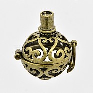 Brass Hollow Round Cage Pendants, For Chime Ball Pendant Necklaces Making, Nickel Free, Antique Bronze, 28x23x19mm, Hole: 2mm, Inner Diameter: 17mm(KK-J189-05AB-NF)