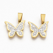 201 Stainless Steel Pendants, with Random Size Snap On Bails and Polymer Clay Crystal Rhinestones, Butterfly, Golden, 28x20x3mm, Hole: 8~10x3~5mm(STAS-N089-17G)