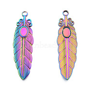Rack Plating 201 Stainless Steel Pendant Settings for Enamel, Feather, Rainbow Color, Tray: 4x6mm, 46.5x13x2mm, Hole: 2.5mm(STAS-N098-251M)
