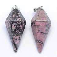Natural Rhodonite Pointed Pendants, with Brass Findings, Bullet, Platinum, 38.5x16x14.5mm, Hole: 5x8mm(KK-E757-F-17P)