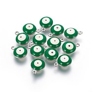 304 Stainless Steel Enamel Charms, Flat Round with Evil Eye, Stainless Steel Color, Green, 11x8x3.5mm, Hole: 1.5mm(STAS-O123-B-05P)