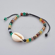 Natural Agate Braided Bead Bracelets, with Cowrie Shell, 2 inch~3-1/8 inch(5~8cm)(BJEW-JB04078-02)