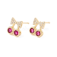 Fuchsia Cubic Zirconia Bowknot Stud Earrings, Brass Jewelry for Women, Lead Free & Cadmium Free, Real 18K Gold Plated, 9x8.5mm, Pin: 0.8mm(EJEW-F282-39G)
